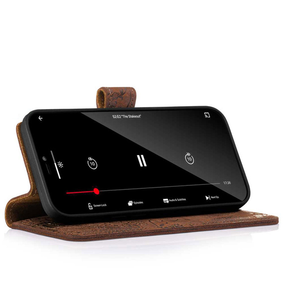 Etui ze skóry naturalnej na smartfon RFID Prestiż - Ornament Brązowy - TPU Czarne