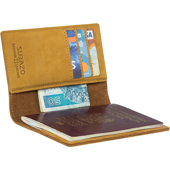Etui na paszport skórzane z miejscem na karty - Nubuk Camel