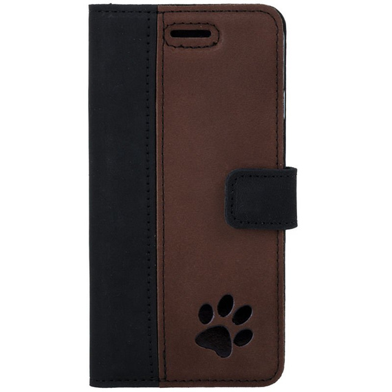 Skórzane etui na telefon Wallet case Duo - Nubuk Czarny i Orzechowy - Łapa Psa - TPU Transparentne